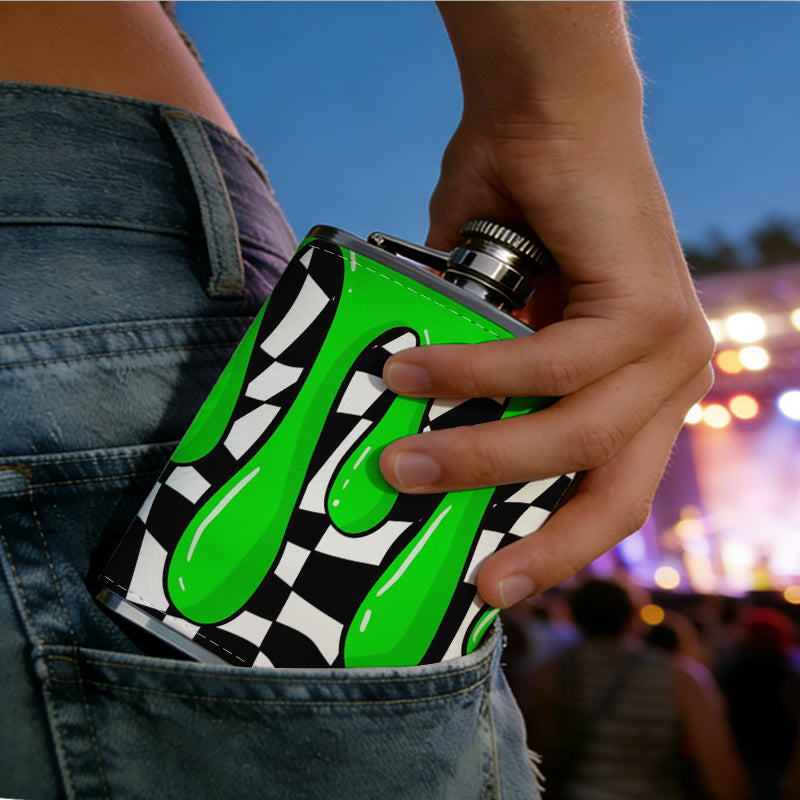 Green slime on checkered background Stainless Steel Mini Flask - Design for Valentine's Day, Christmas, Father's Day Gifts - Ideal for Him, Dad, Boyfriend (Compact Travel-Ready)