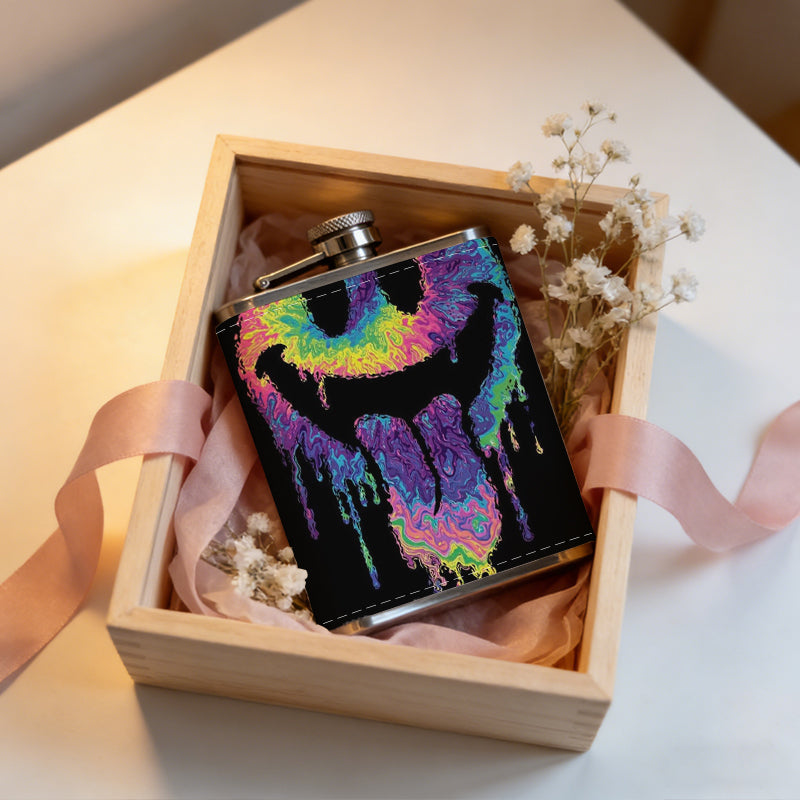Dripping rainbow colored skull artwork Stainless Steel Mini Flask - Design for Valentine's Day, Christmas, Father's Day Gifts - Ideal for Him, Dad, Boyfriend (Compact Travel-Ready)