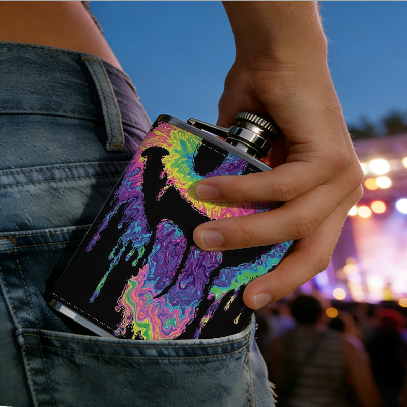 Dripping rainbow colored skull artwork Stainless Steel Mini Flask - Design for Valentine's Day, Christmas, Father's Day Gifts - Ideal for Him, Dad, Boyfriend (Compact Travel-Ready)