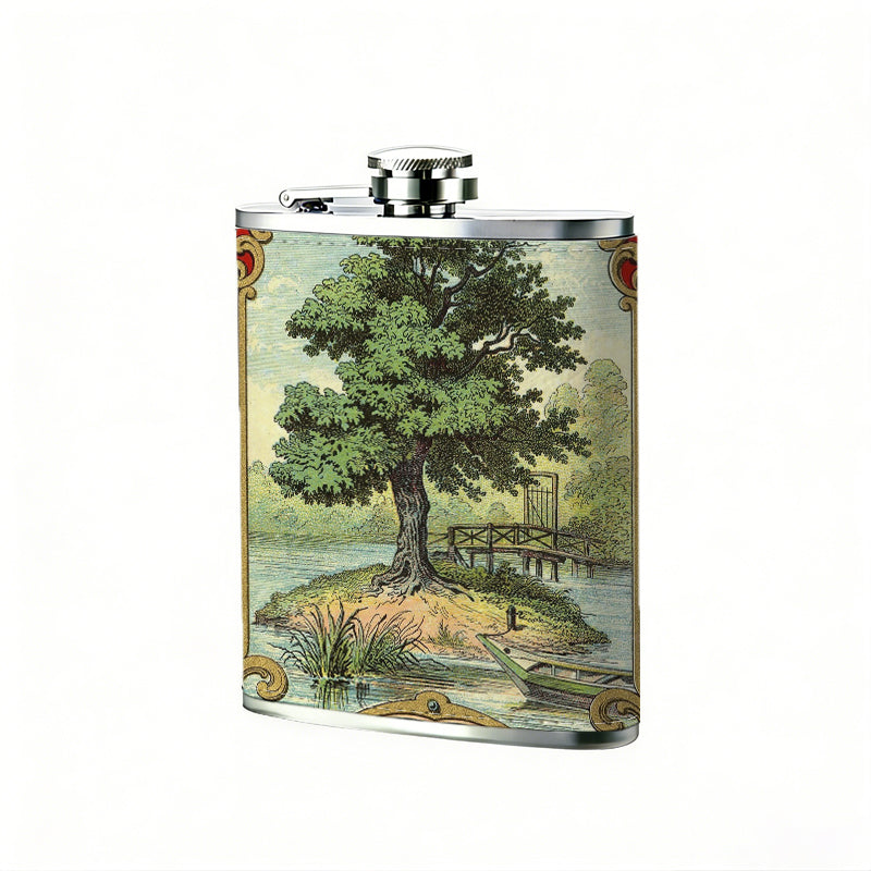 Vintage label with tree and "TA" Stainless Steel Mini Flask - Design for Valentine's Day, Christmas, Father's Day Gifts - Ideal for Him, Dad, Boyfriend (Compact Travel-Ready)