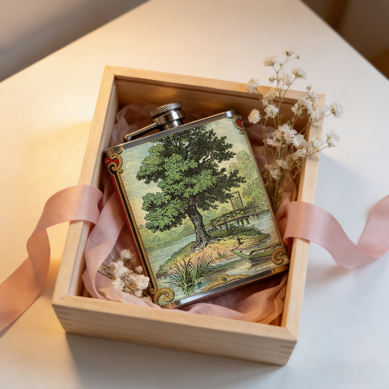 Vintage label with tree and "TA" Stainless Steel Mini Flask - Design for Valentine's Day, Christmas, Father's Day Gifts - Ideal for Him, Dad, Boyfriend (Compact Travel-Ready)