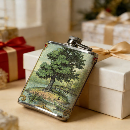 Vintage label with tree and "TA" Stainless Steel Mini Flask - Design for Valentine's Day, Christmas, Father's Day Gifts - Ideal for Him, Dad, Boyfriend (Compact Travel-Ready)