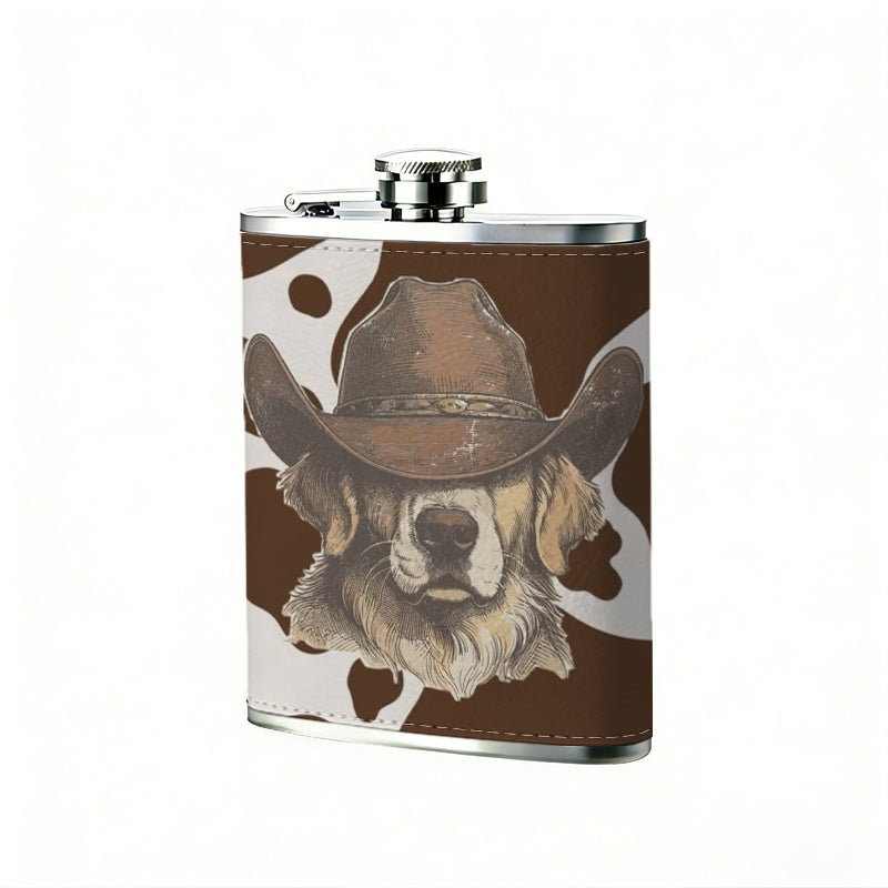 Bulldog on brown cow print background Stainless Steel Mini Flask - Design for Valentine's Day, Christmas, Father's Day Gifts - Ideal for Him, Dad, Boyfriend (Compact Travel-Ready)