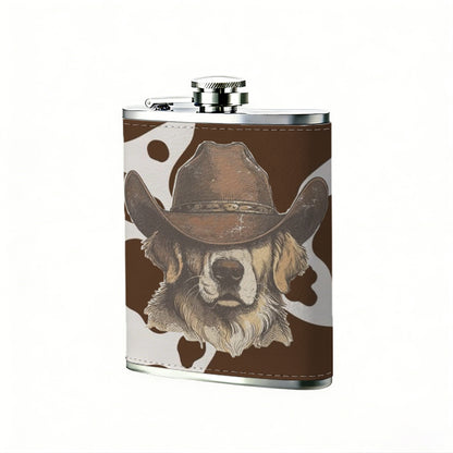 Bulldog on brown cow print background Stainless Steel Mini Flask - Design for Valentine's Day, Christmas, Father's Day Gifts - Ideal for Him, Dad, Boyfriend (Compact Travel-Ready)