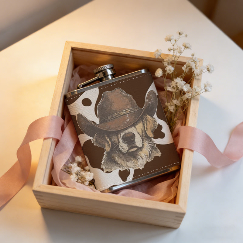 Bulldog on brown cow print background Stainless Steel Mini Flask - Design for Valentine's Day, Christmas, Father's Day Gifts - Ideal for Him, Dad, Boyfriend (Compact Travel-Ready)