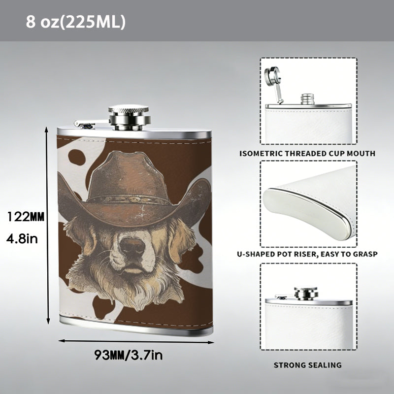 Bulldog on brown cow print background Stainless Steel Mini Flask - Design for Valentine's Day, Christmas, Father's Day Gifts - Ideal for Him, Dad, Boyfriend (Compact Travel-Ready)