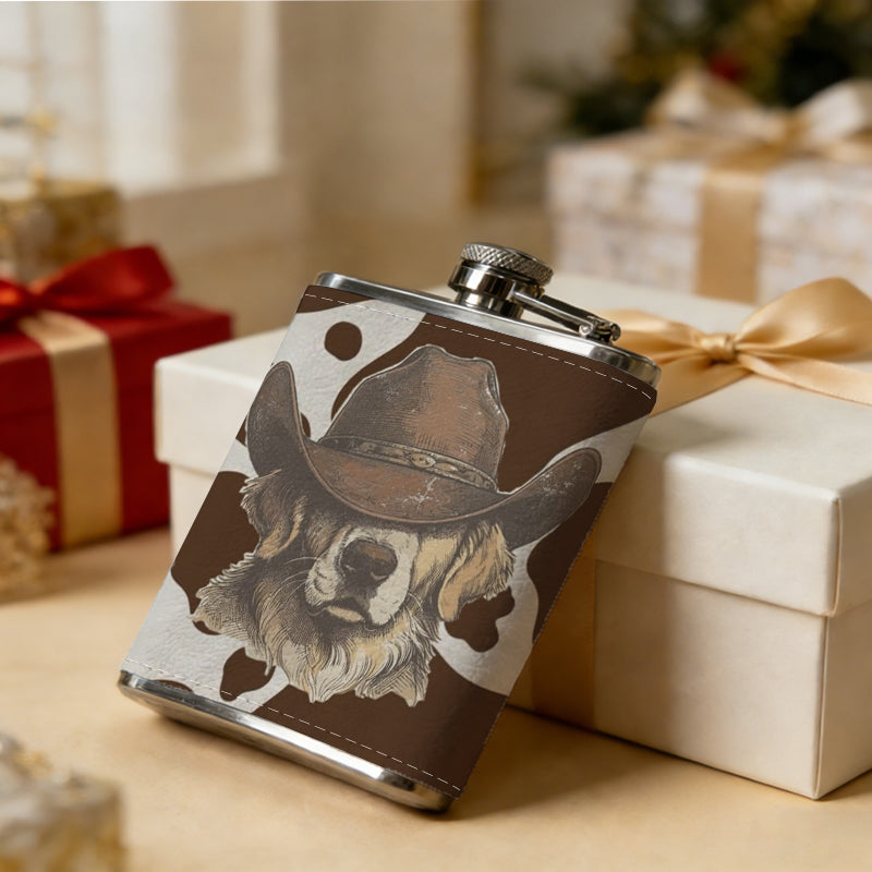Bulldog on brown cow print background Stainless Steel Mini Flask - Design for Valentine's Day, Christmas, Father's Day Gifts - Ideal for Him, Dad, Boyfriend (Compact Travel-Ready)