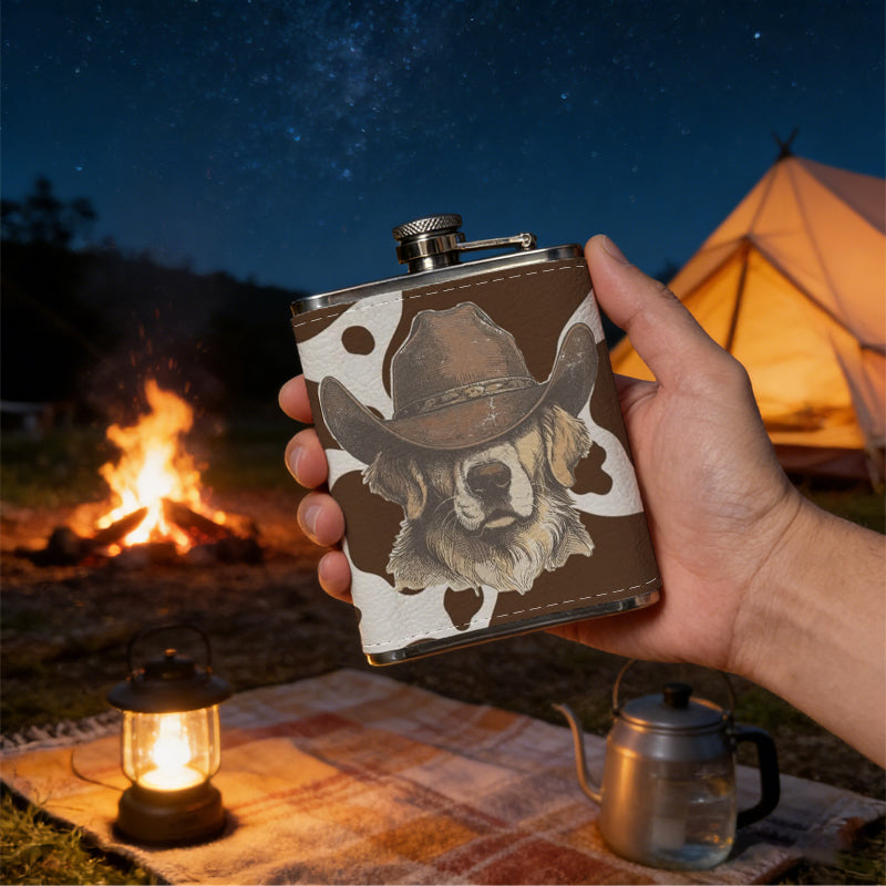Bulldog on brown cow print background Stainless Steel Mini Flask - Design for Valentine's Day, Christmas, Father's Day Gifts - Ideal for Him, Dad, Boyfriend (Compact Travel-Ready)