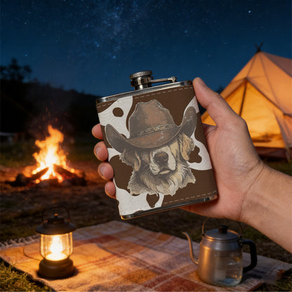 Bulldog on brown cow print background Stainless Steel Mini Flask - Design for Valentine's Day, Christmas, Father's Day Gifts - Ideal for Him, Dad, Boyfriend (Compact Travel-Ready)