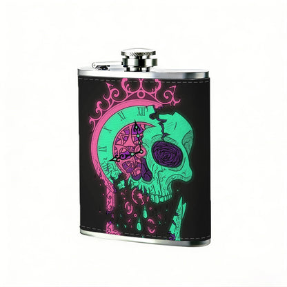 Neon skull and crown on black background 8oz Portable Stainless Steel Hip Flask - Juice Flask - Perfect Gift - Unique Whiskey Flask for Women, Wine Pot Metal - Ideal stainless steel flask for all outdoor activities