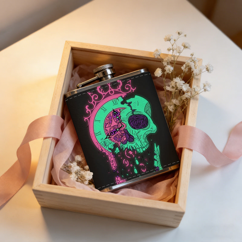 Neon skull and crown on black background 8oz Portable Stainless Steel Hip Flask - Juice Flask - Perfect Gift - Unique Whiskey Flask for Women, Wine Pot Metal - Ideal stainless steel flask for all outdoor activities