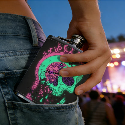 Neon skull and crown on black background 8oz Portable Stainless Steel Hip Flask - Juice Flask - Perfect Gift - Unique Whiskey Flask for Women, Wine Pot Metal - Ideal stainless steel flask for all outdoor activities