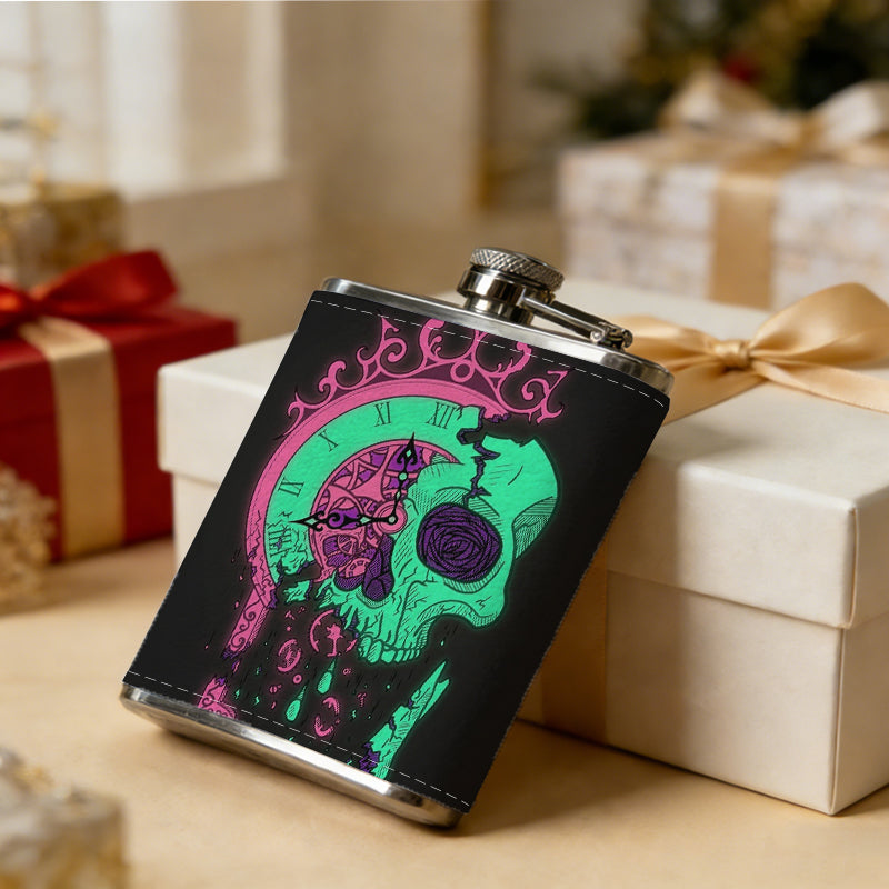 Neon skull and crown on black background 8oz Portable Stainless Steel Hip Flask - Juice Flask - Perfect Gift - Unique Whiskey Flask for Women, Wine Pot Metal - Ideal stainless steel flask for all outdoor activities