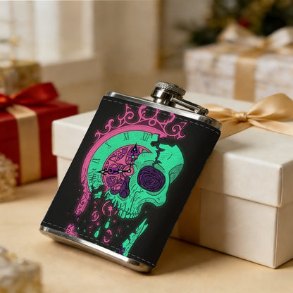 Neon skull and crown on black background 8oz Portable Stainless Steel Hip Flask - Juice Flask - Perfect Gift - Unique Whiskey Flask for Women, Wine Pot Metal - Ideal stainless steel flask for all outdoor activities
