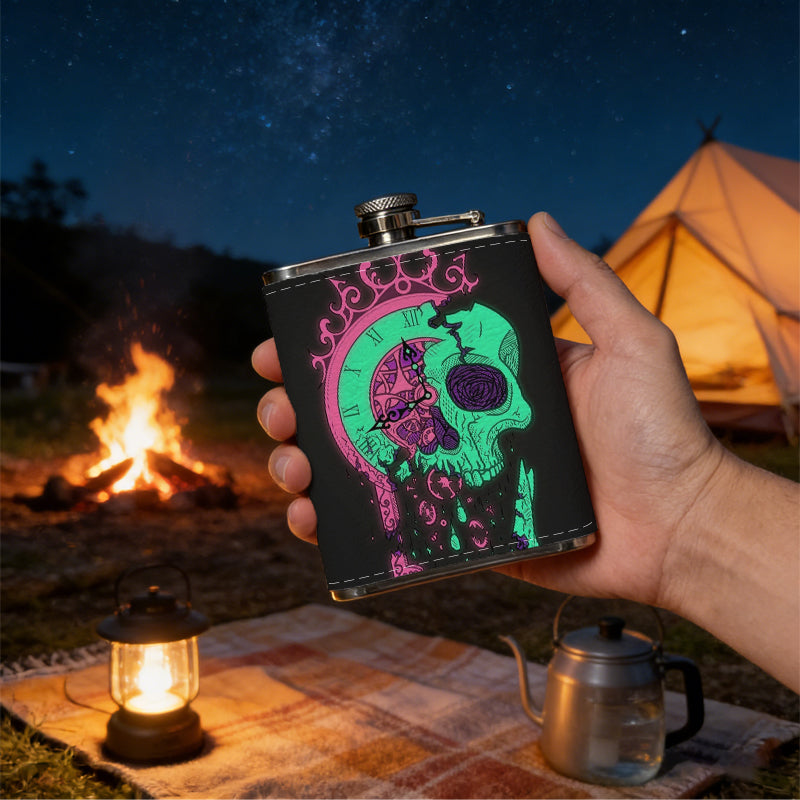 Neon skull and crown on black background 8oz Portable Stainless Steel Hip Flask - Juice Flask - Perfect Gift - Unique Whiskey Flask for Women, Wine Pot Metal - Ideal stainless steel flask for all outdoor activities