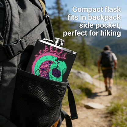 Neon skull and crown on black background 8oz Portable Stainless Steel Hip Flask - Juice Flask - Perfect Gift - Unique Whiskey Flask for Women, Wine Pot Metal - Ideal stainless steel flask for all outdoor activities