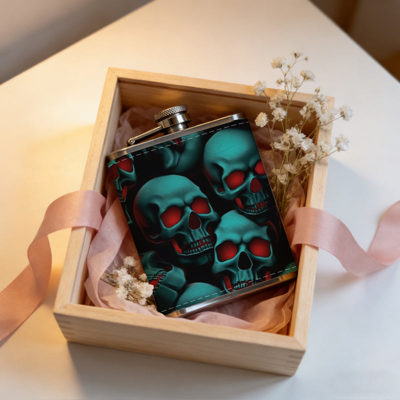 Teal skulls with red eyes 8oz Portable Stainless Steel Hip Flask - Juice Flask - Perfect Gift - Unique Whiskey Flask for Women, Wine Pot Metal - Ideal stainless steel flask for all outdoor activities