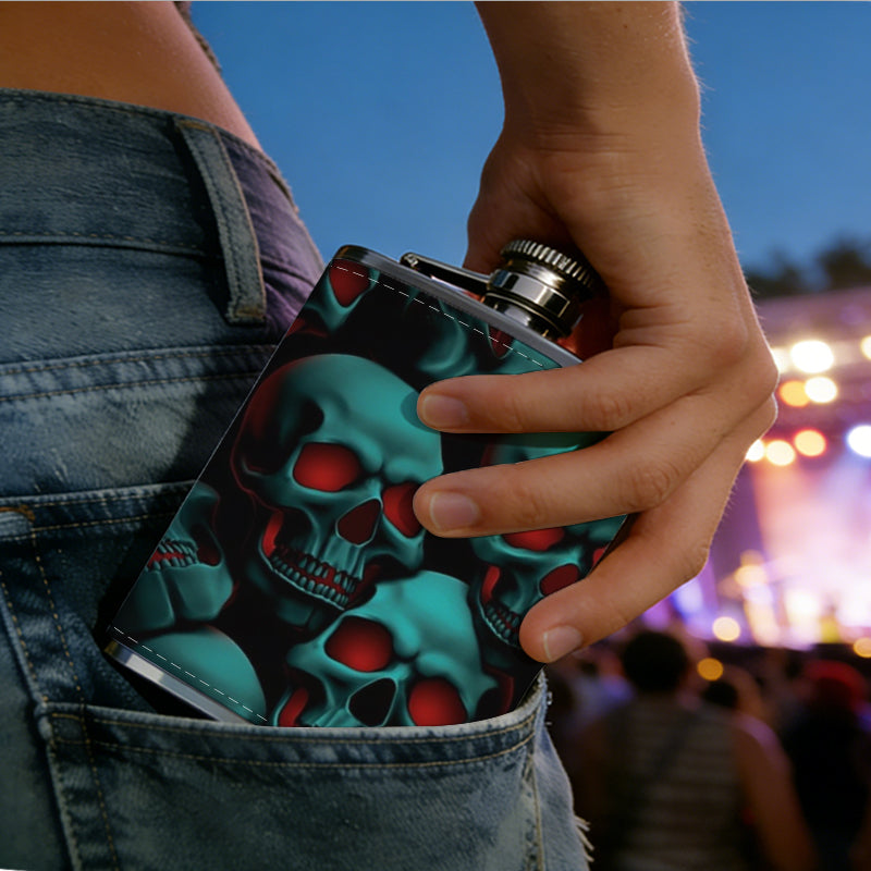 Teal skulls with red eyes 8oz Portable Stainless Steel Hip Flask - Juice Flask - Perfect Gift - Unique Whiskey Flask for Women, Wine Pot Metal - Ideal stainless steel flask for all outdoor activities