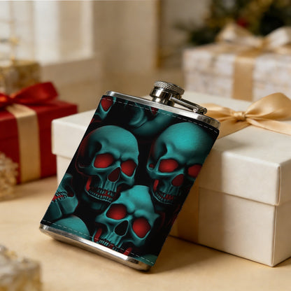 Teal skulls with red eyes 8oz Portable Stainless Steel Hip Flask - Juice Flask - Perfect Gift - Unique Whiskey Flask for Women, Wine Pot Metal - Ideal stainless steel flask for all outdoor activities