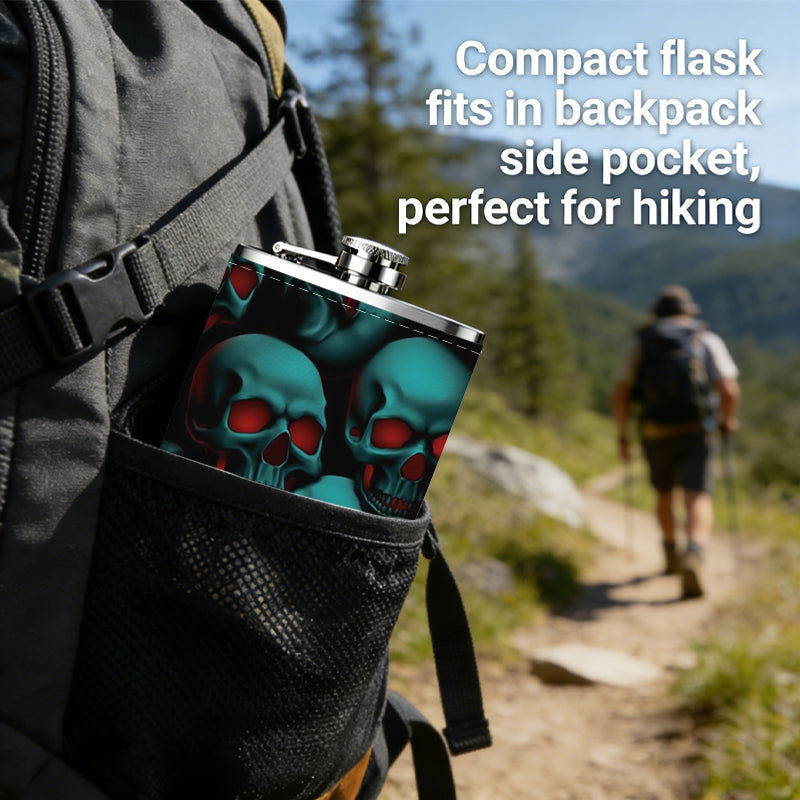 Teal skulls with red eyes 8oz Portable Stainless Steel Hip Flask - Juice Flask - Perfect Gift - Unique Whiskey Flask for Women, Wine Pot Metal - Ideal stainless steel flask for all outdoor activities