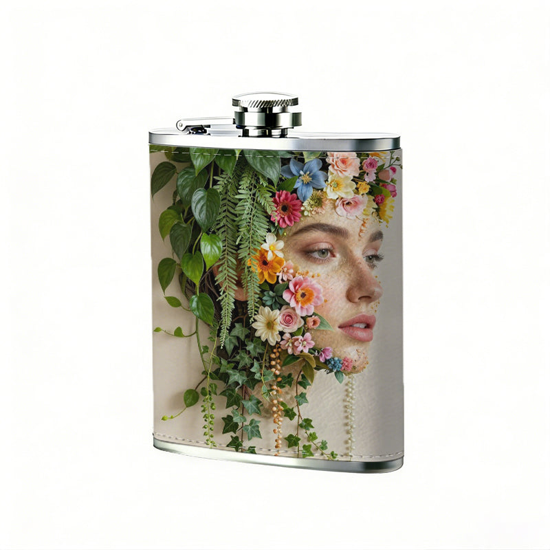 Female face with flowers and foliage 8oz Portable Stainless Steel Hip Flask - Juice Flask - Perfect Gift - Unique Whiskey Flask for Women, Wine Pot Metal - Ideal stainless steel flask for all outdoor activities