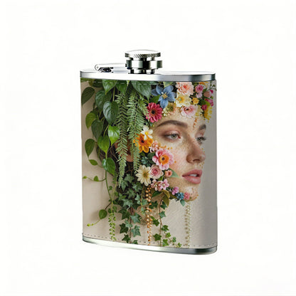 Female face with flowers and foliage 8oz Portable Stainless Steel Hip Flask - Juice Flask - Perfect Gift - Unique Whiskey Flask for Women, Wine Pot Metal - Ideal stainless steel flask for all outdoor activities