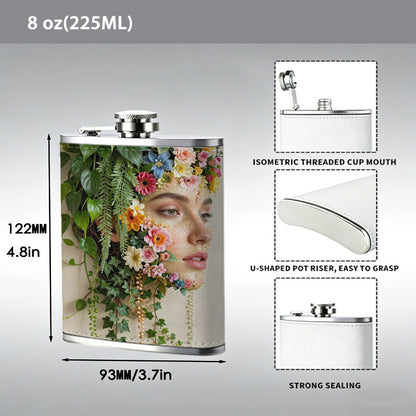 Female face with flowers and foliage 8oz Portable Stainless Steel Hip Flask - Juice Flask - Perfect Gift - Unique Whiskey Flask for Women, Wine Pot Metal - Ideal stainless steel flask for all outdoor activities