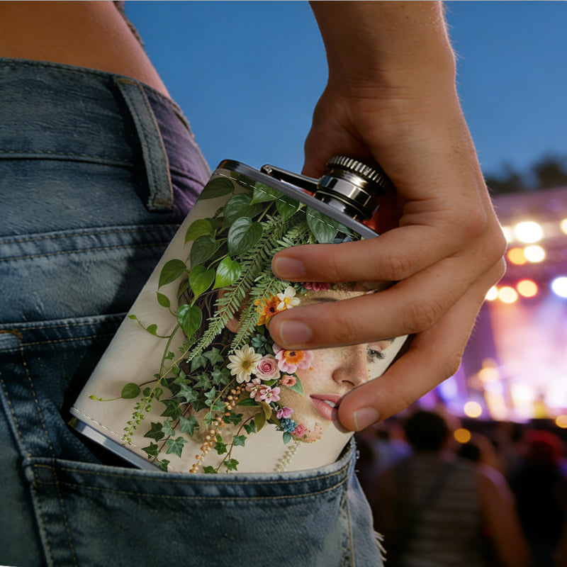 Female face with flowers and foliage 8oz Portable Stainless Steel Hip Flask - Juice Flask - Perfect Gift - Unique Whiskey Flask for Women, Wine Pot Metal - Ideal stainless steel flask for all outdoor activities