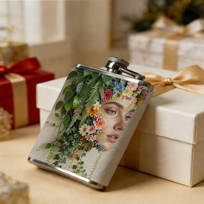 Female face with flowers and foliage 8oz Portable Stainless Steel Hip Flask - Juice Flask - Perfect Gift - Unique Whiskey Flask for Women, Wine Pot Metal - Ideal stainless steel flask for all outdoor activities