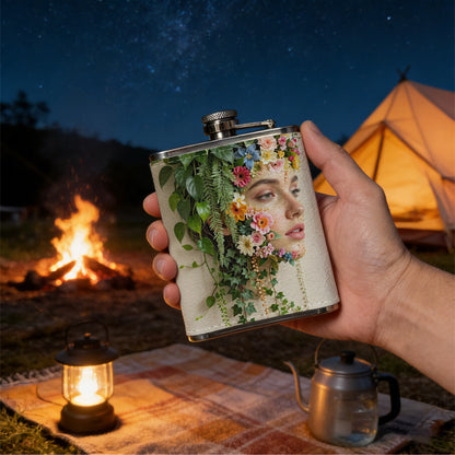 Female face with flowers and foliage 8oz Portable Stainless Steel Hip Flask - Juice Flask - Perfect Gift - Unique Whiskey Flask for Women, Wine Pot Metal - Ideal stainless steel flask for all outdoor activities
