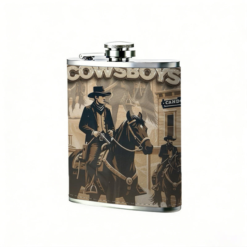 Two cowboys in western town 8oz Portable Stainless Steel Hip Flask - Juice Flask - Perfect Gift - Unique Whiskey Flask for Women, Wine Pot Metal - Ideal stainless steel flask for all outdoor activities