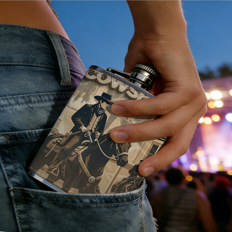 Two cowboys in western town 8oz Portable Stainless Steel Hip Flask - Juice Flask - Perfect Gift - Unique Whiskey Flask for Women, Wine Pot Metal - Ideal stainless steel flask for all outdoor activities