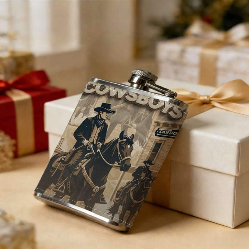 Two cowboys in western town 8oz Portable Stainless Steel Hip Flask - Juice Flask - Perfect Gift - Unique Whiskey Flask for Women, Wine Pot Metal - Ideal stainless steel flask for all outdoor activities