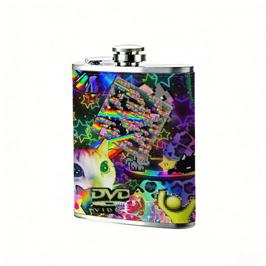 Glitchy colorful DVD graphic 8oz Portable Stainless Steel Hip Flask - Juice Flask - Perfect Gift - Unique Whiskey Flask for Women, Wine Pot Metal - Ideal stainless steel flask for all outdoor activities