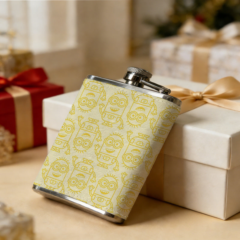 Yellow repeating curved pattern 8oz Portable Stainless Steel Hip Flask - Juice Flask - Perfect Gift - Unique Whiskey Flask for Women, Wine Pot Metal - Ideal stainless steel flask for all outdoor activities