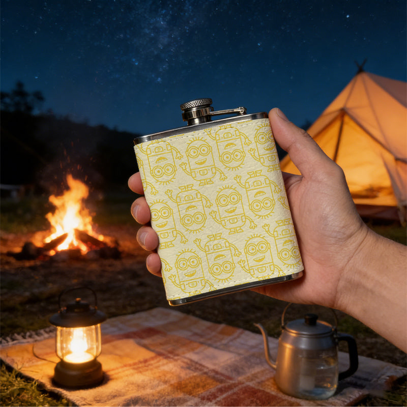 Yellow repeating curved pattern 8oz Portable Stainless Steel Hip Flask - Juice Flask - Perfect Gift - Unique Whiskey Flask for Women, Wine Pot Metal - Ideal stainless steel flask for all outdoor activities