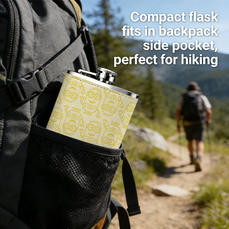 Yellow repeating curved pattern 8oz Portable Stainless Steel Hip Flask - Juice Flask - Perfect Gift - Unique Whiskey Flask for Women, Wine Pot Metal - Ideal stainless steel flask for all outdoor activities