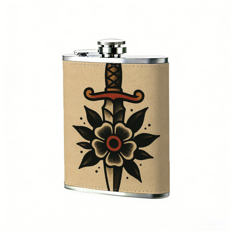 Dagger and flower tattoo design 8oz Portable Stainless Steel Hip Flask - Juice Flask - Perfect Gift - Unique Whiskey Flask for Women, Wine Pot Metal - Ideal stainless steel flask for all outdoor activities