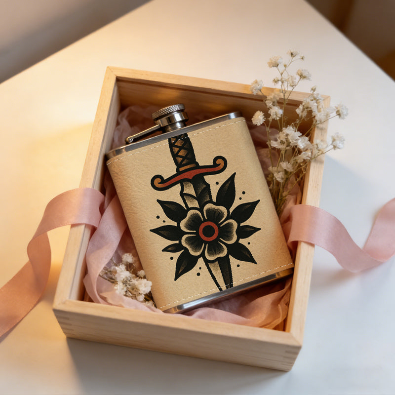 Dagger and flower tattoo design 8oz Portable Stainless Steel Hip Flask - Juice Flask - Perfect Gift - Unique Whiskey Flask for Women, Wine Pot Metal - Ideal stainless steel flask for all outdoor activities