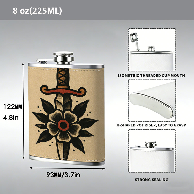 Dagger and flower tattoo design 8oz Portable Stainless Steel Hip Flask - Juice Flask - Perfect Gift - Unique Whiskey Flask for Women, Wine Pot Metal - Ideal stainless steel flask for all outdoor activities