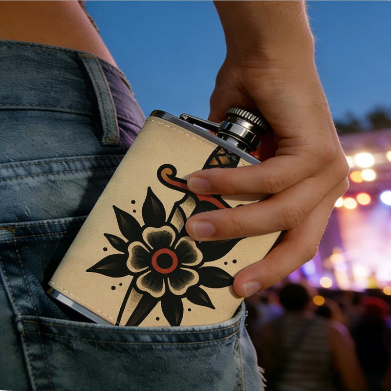 Dagger and flower tattoo design 8oz Portable Stainless Steel Hip Flask - Juice Flask - Perfect Gift - Unique Whiskey Flask for Women, Wine Pot Metal - Ideal stainless steel flask for all outdoor activities