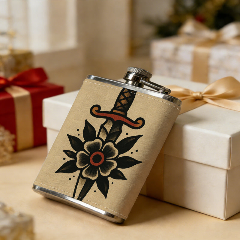 Dagger and flower tattoo design 8oz Portable Stainless Steel Hip Flask - Juice Flask - Perfect Gift - Unique Whiskey Flask for Women, Wine Pot Metal - Ideal stainless steel flask for all outdoor activities