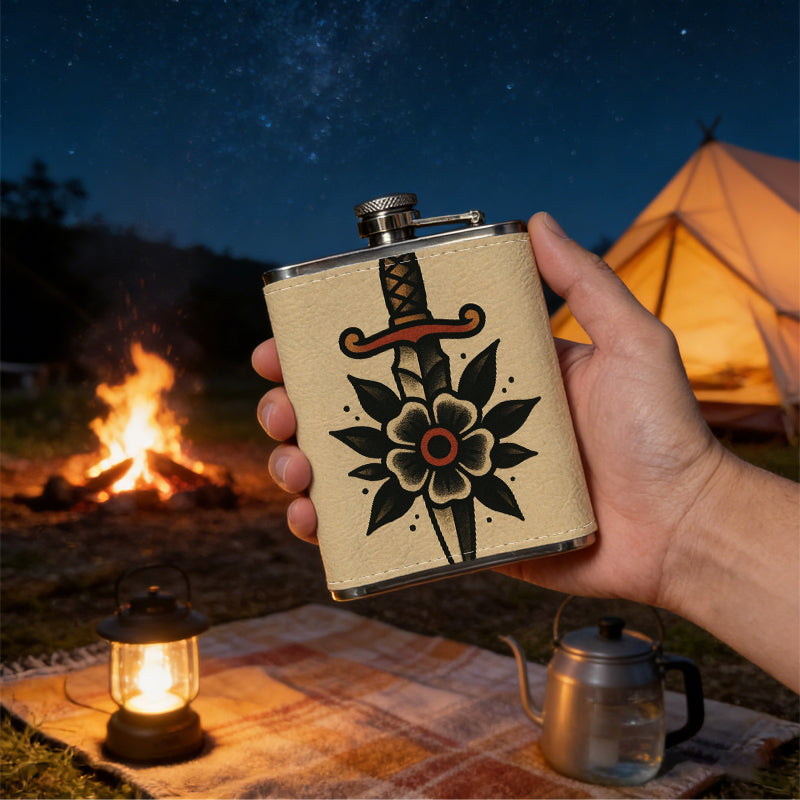 Dagger and flower tattoo design 8oz Portable Stainless Steel Hip Flask - Juice Flask - Perfect Gift - Unique Whiskey Flask for Women, Wine Pot Metal - Ideal stainless steel flask for all outdoor activities