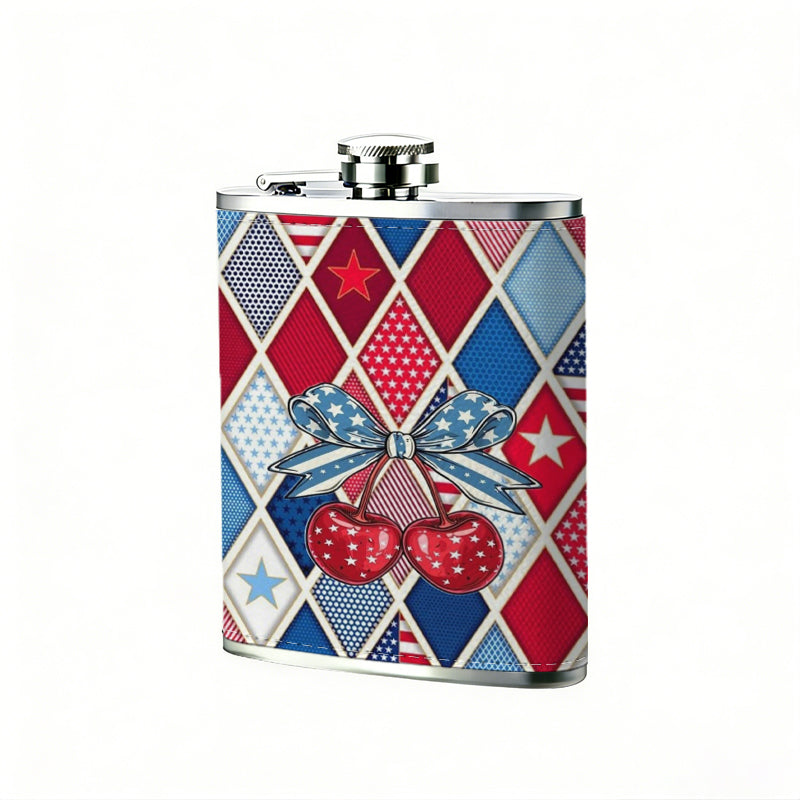 Red, blue and gray argyle pattern with cherries 8oz Portable Stainless Steel Hip Flask - Juice Flask - Perfect Gift - Unique Whiskey Flask for Women, Wine Pot Metal - Ideal stainless steel flask for all outdoor activities