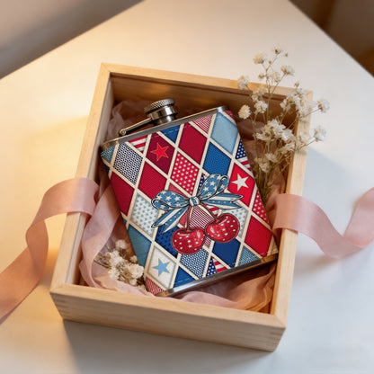 Red, blue and gray argyle pattern with cherries 8oz Portable Stainless Steel Hip Flask - Juice Flask - Perfect Gift - Unique Whiskey Flask for Women, Wine Pot Metal - Ideal stainless steel flask for all outdoor activities
