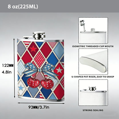 Red, blue and gray argyle pattern with cherries 8oz Portable Stainless Steel Hip Flask - Juice Flask - Perfect Gift - Unique Whiskey Flask for Women, Wine Pot Metal - Ideal stainless steel flask for all outdoor activities