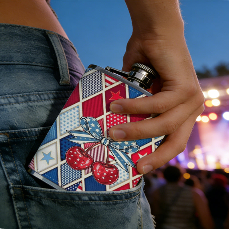 Red, blue and gray argyle pattern with cherries 8oz Portable Stainless Steel Hip Flask - Juice Flask - Perfect Gift - Unique Whiskey Flask for Women, Wine Pot Metal - Ideal stainless steel flask for all outdoor activities