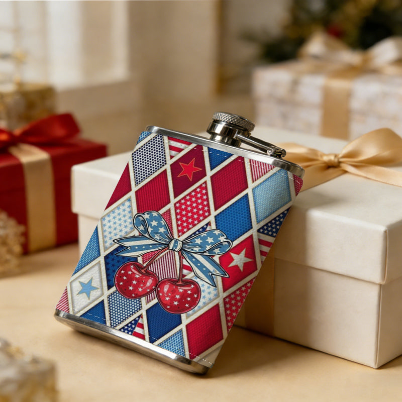 Red, blue and gray argyle pattern with cherries 8oz Portable Stainless Steel Hip Flask - Juice Flask - Perfect Gift - Unique Whiskey Flask for Women, Wine Pot Metal - Ideal stainless steel flask for all outdoor activities