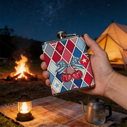 Red, blue and gray argyle pattern with cherries 8oz Portable Stainless Steel Hip Flask - Juice Flask - Perfect Gift - Unique Whiskey Flask for Women, Wine Pot Metal - Ideal stainless steel flask for all outdoor activities