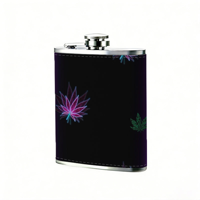 Purple neon frame with fireworks and leaves 8oz Portable Stainless Steel Hip Flask - Juice Flask - Perfect Gift - Unique Whiskey Flask for Women, Wine Pot Metal - Ideal stainless steel flask for all outdoor activities